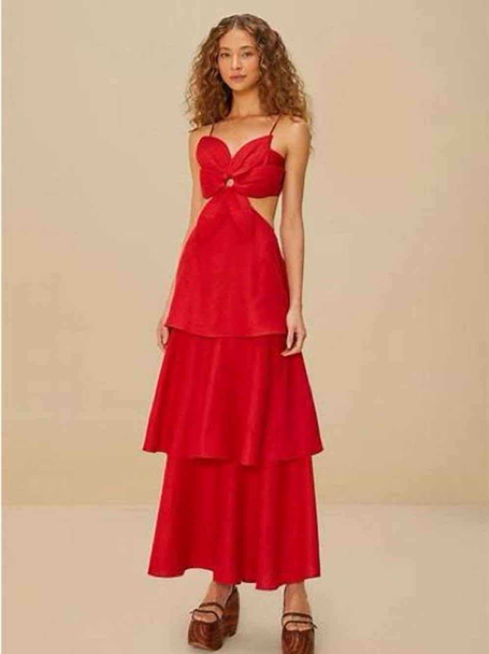 FARM Rio Red Flower Lenzing Tiered Cutout Maxi Dress